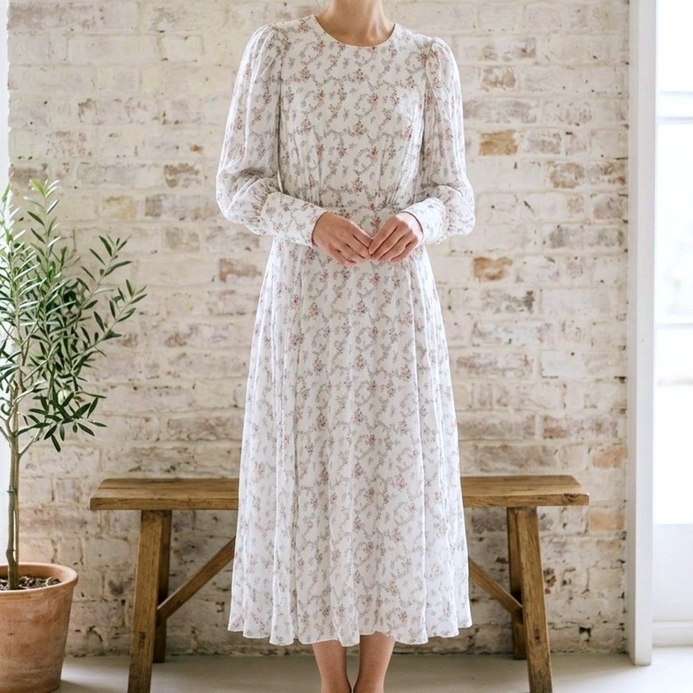 Antoni Melani Floral Midi Dress White Pink Blue Cottagecore Romantic Victorian M